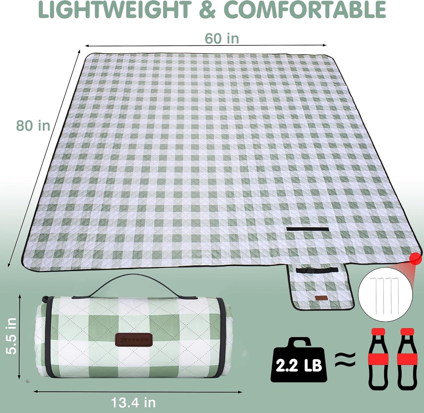 Manta Picnic Gingham Impermeable 80x60pulg para Playa Camping