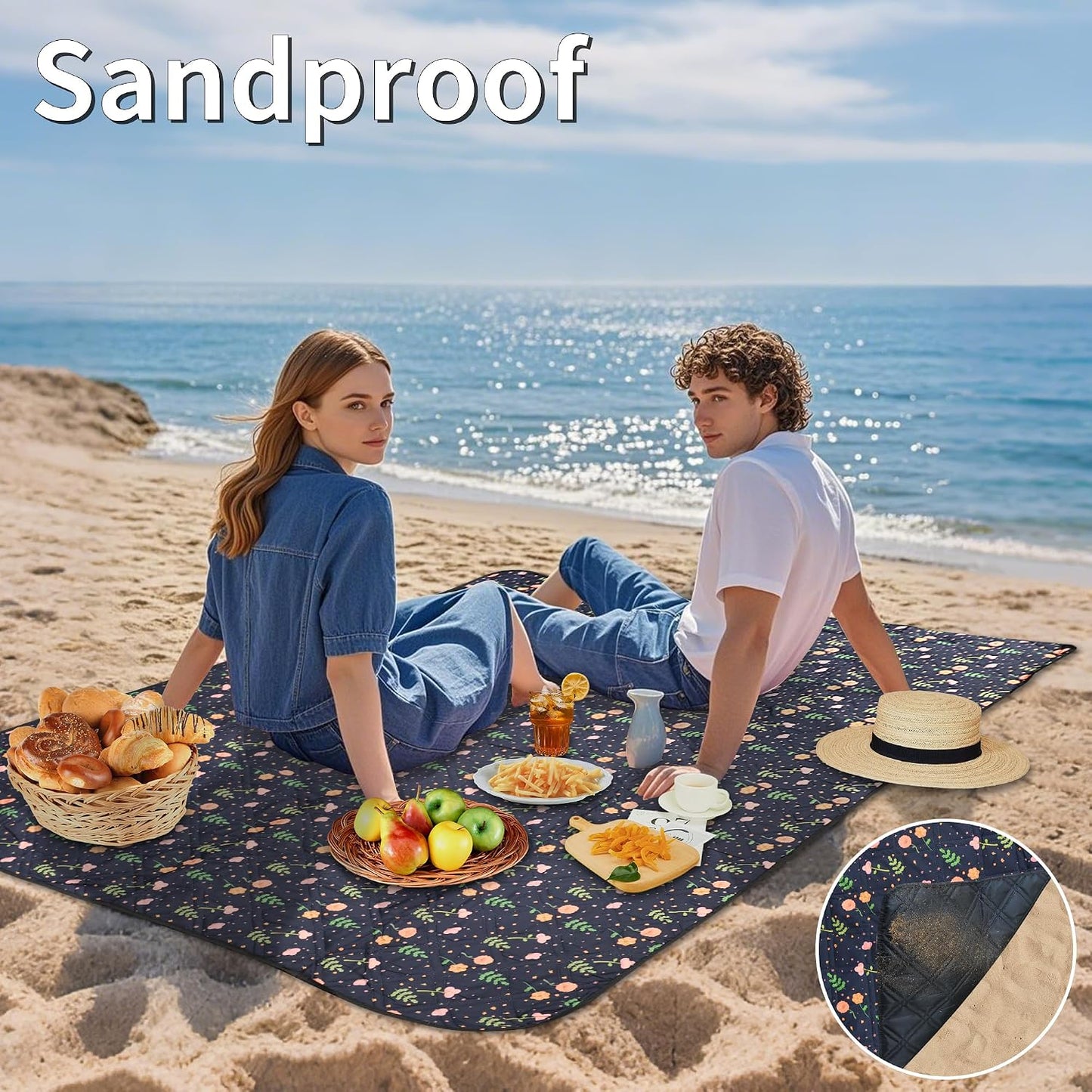 Manta picnic impermeable 60x80" diseño floral azul