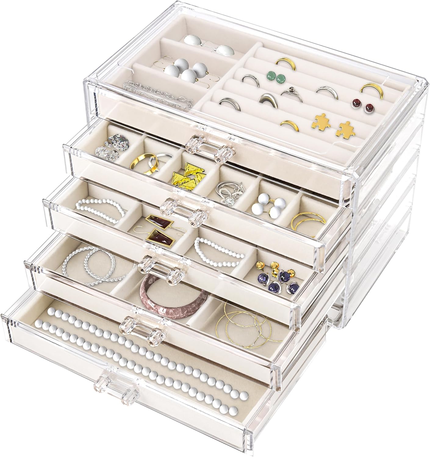 Organiz. joyas acrílico 5 cajones terciopelo para mujer