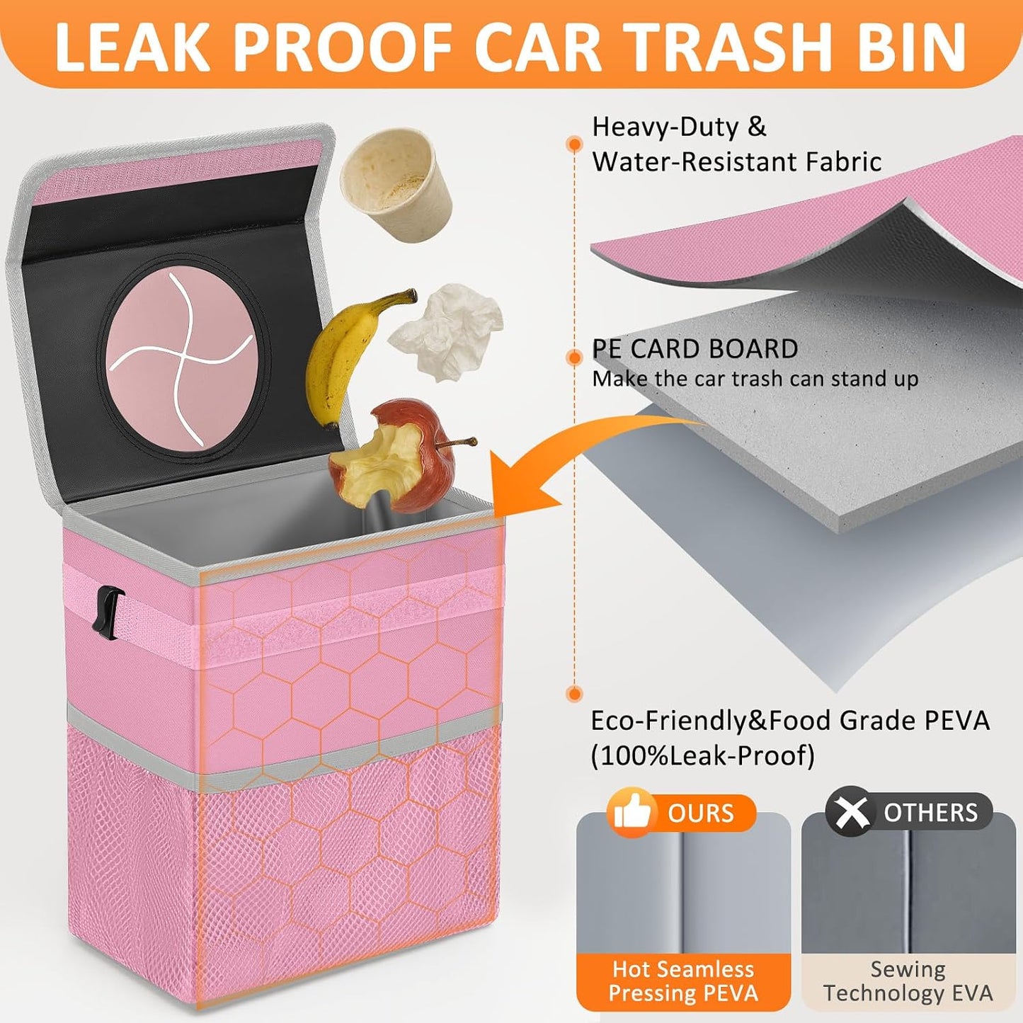 Papelera coche 3gal con tapa bolsa impermeable rosa