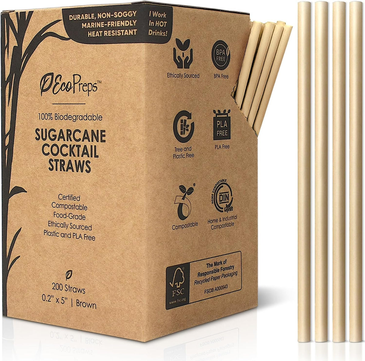 Pajitas caña azúcar biodegradable 5pulg 200uds PHA resistente