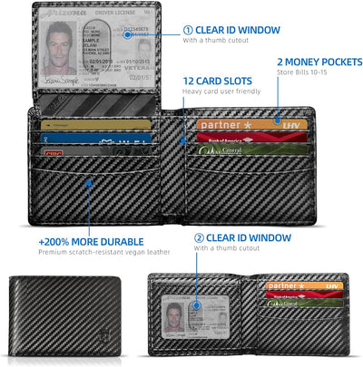 Billetera hombre cuero RFID 2 ventanas caja regalo A-Negro