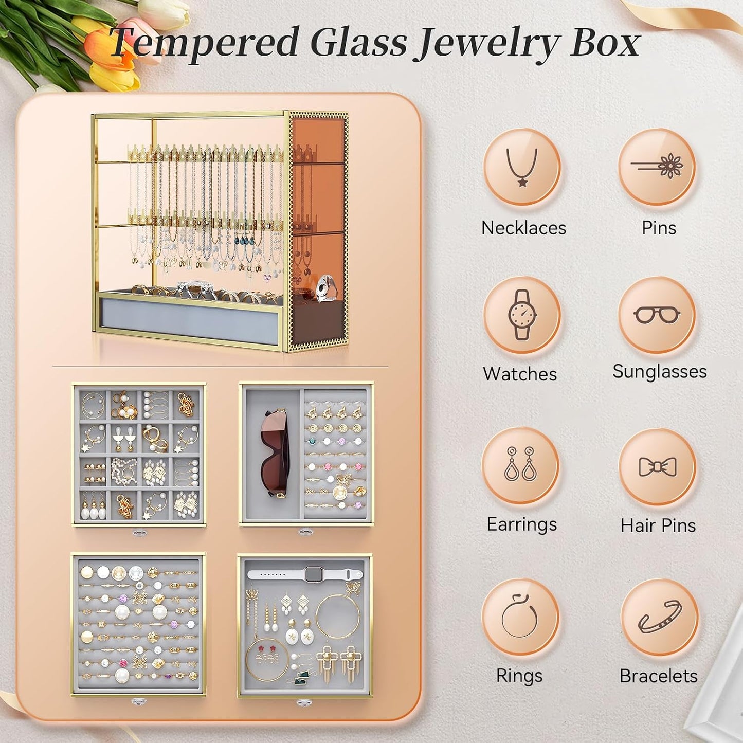 Caja organizadora joyas vidrio 5 cajones terciopelo
