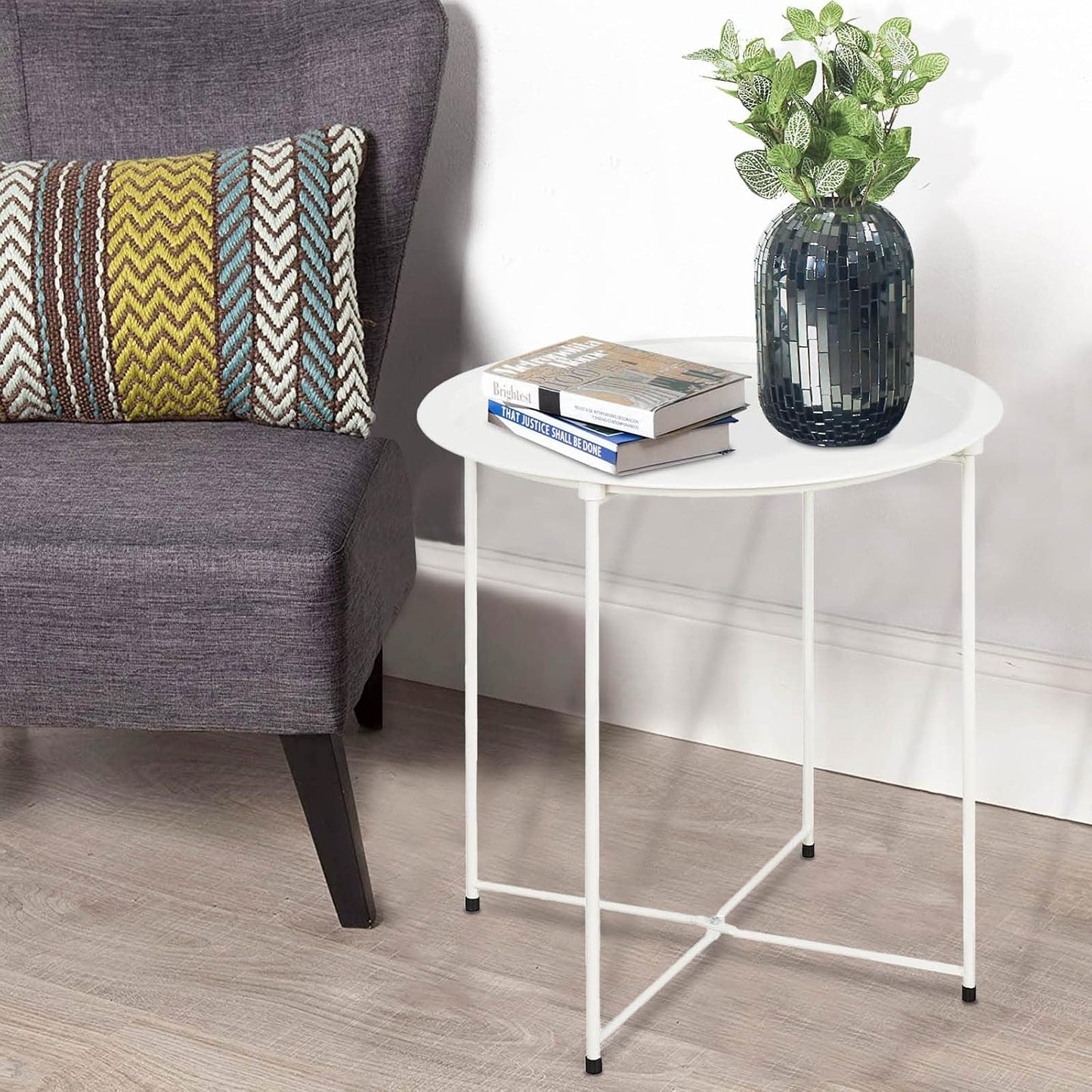 Mesa auxiliar redonda plegable metal blanca cian