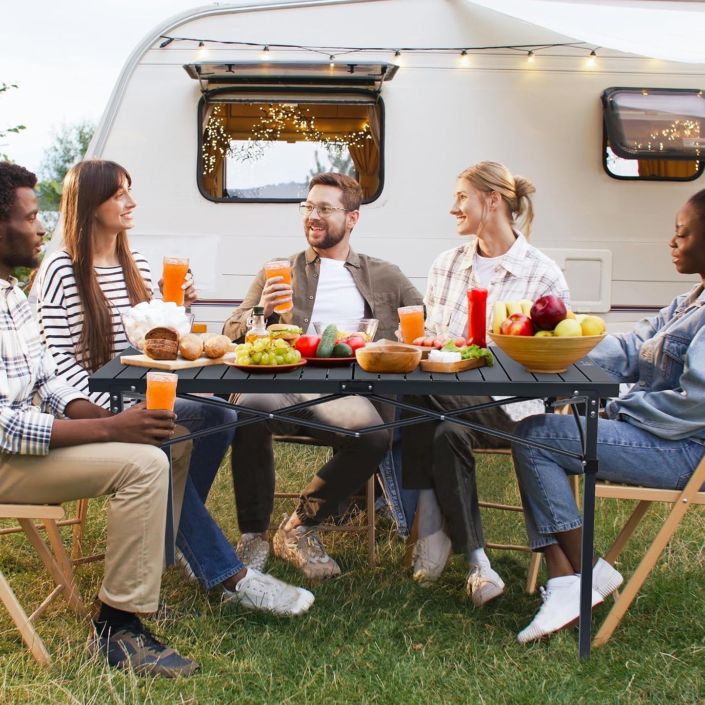 Mesa camping plegable con mesa aluminio enrollable negro