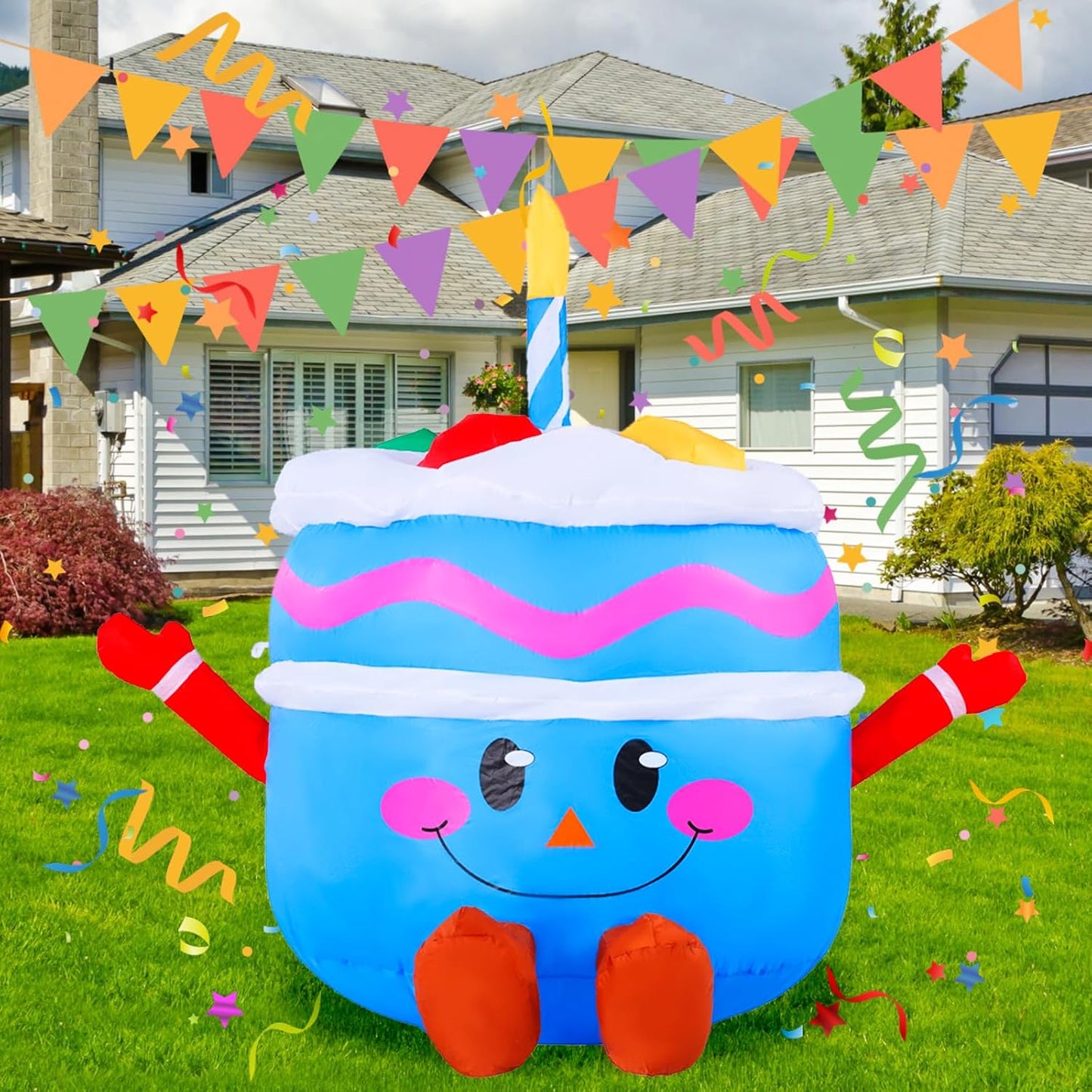 Inflable cumpleaños 4.3ft cara sonriente con vela y estacas