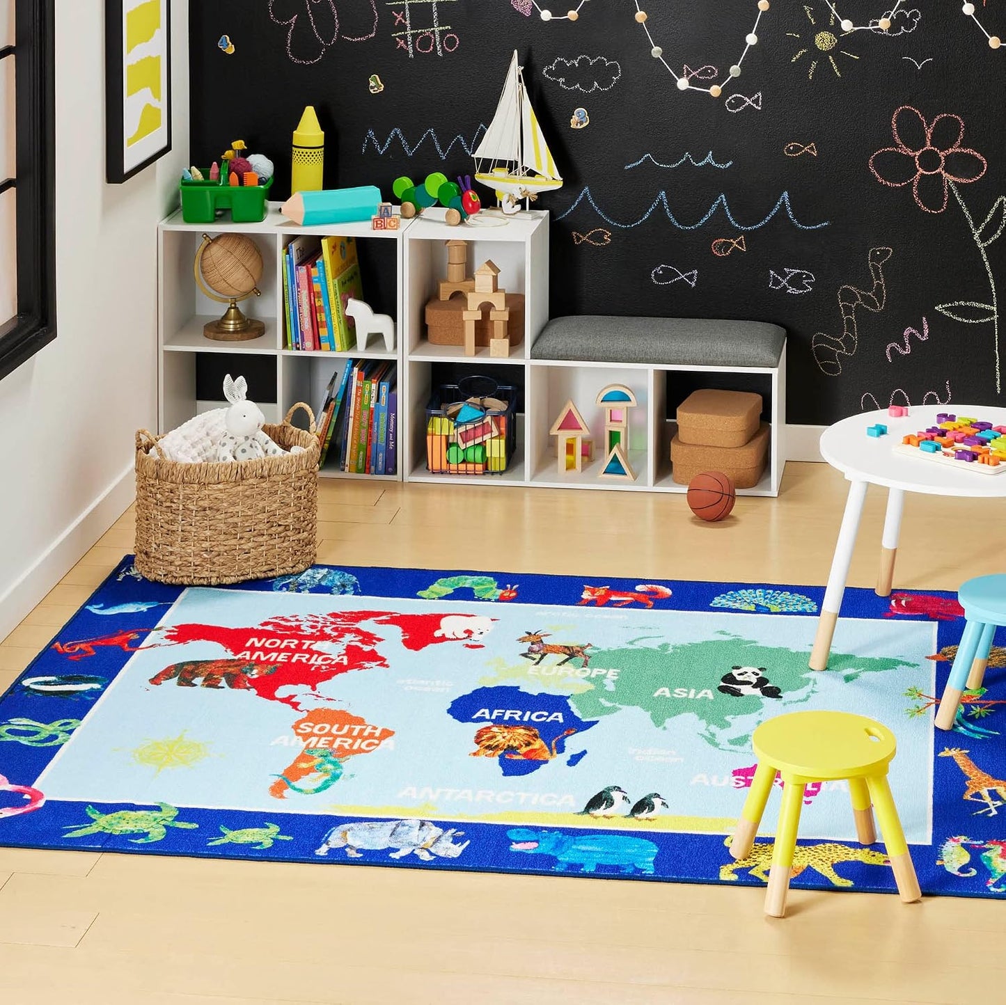 Alfombra lavable para niños 6.6x9.5pies color azul/rojo