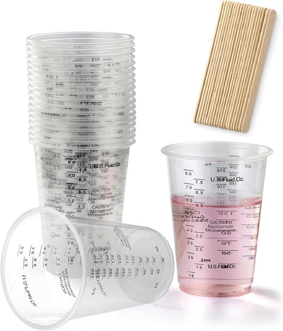 20 Tazas Plástico Transparente 8oz con Varillas Madera para Mezclar