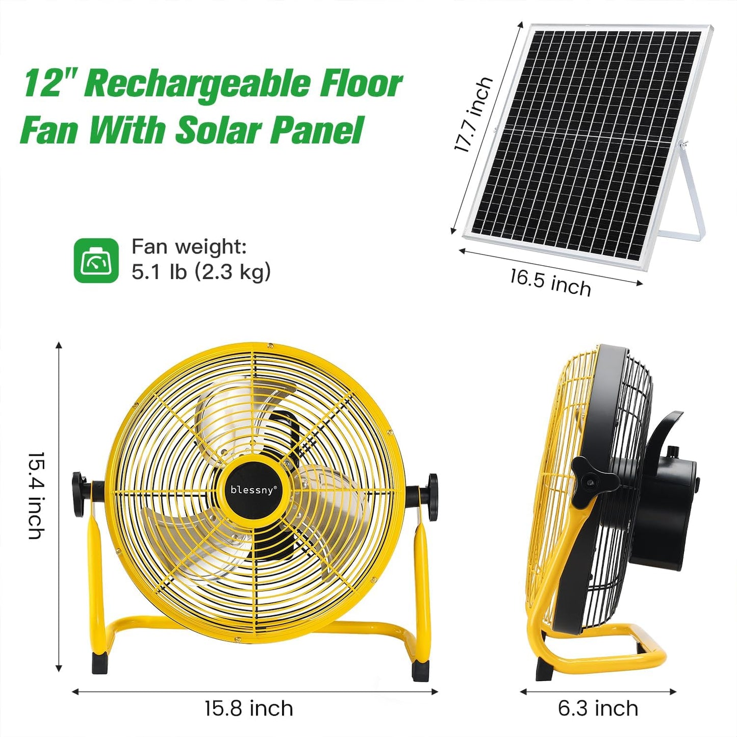 Ventilador solar recargable 12pulg para hogar y exteriores