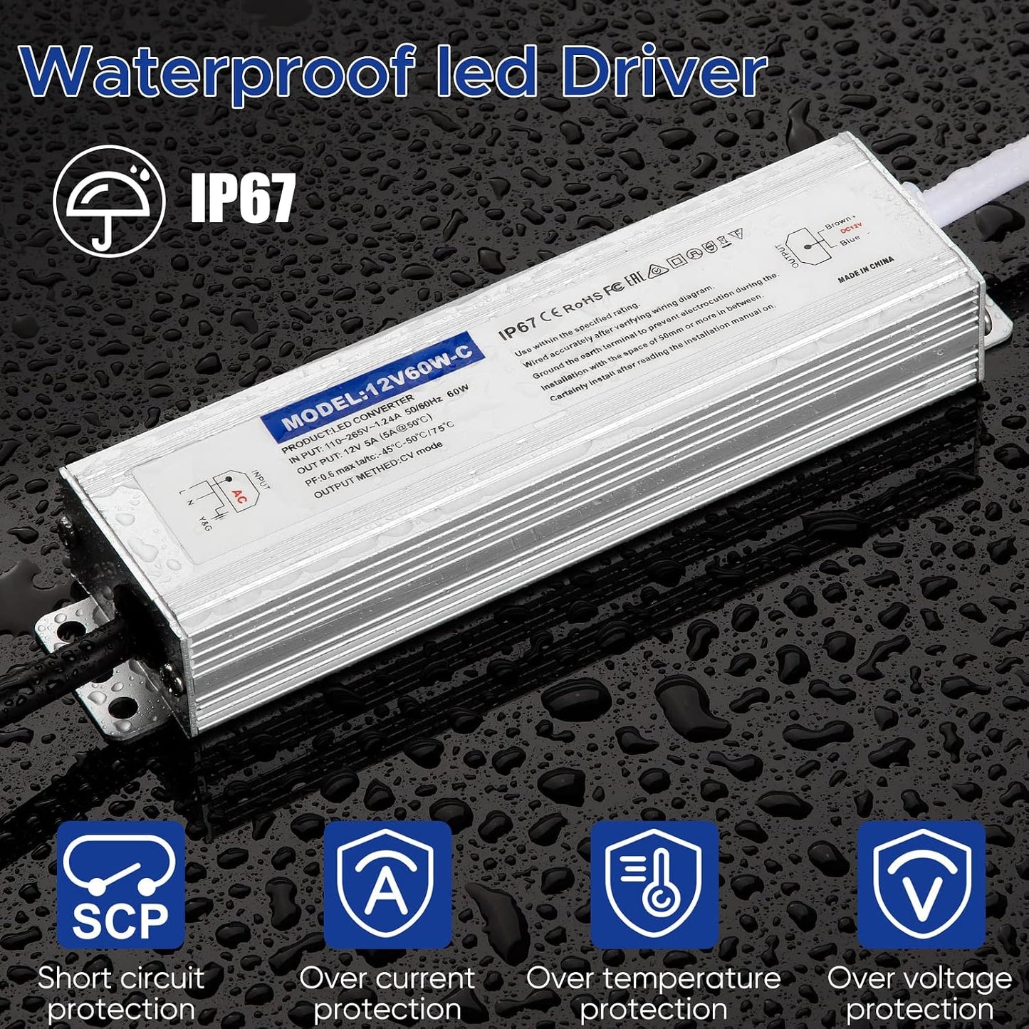 Controlador LED 60W IP67 12V 5A con transformador 120V a 12V