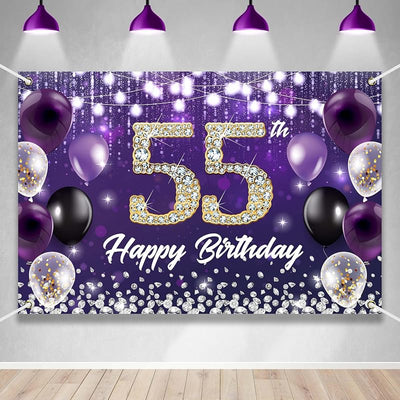 Telón cumpleaños 55 color morado diamante brillante fiesta