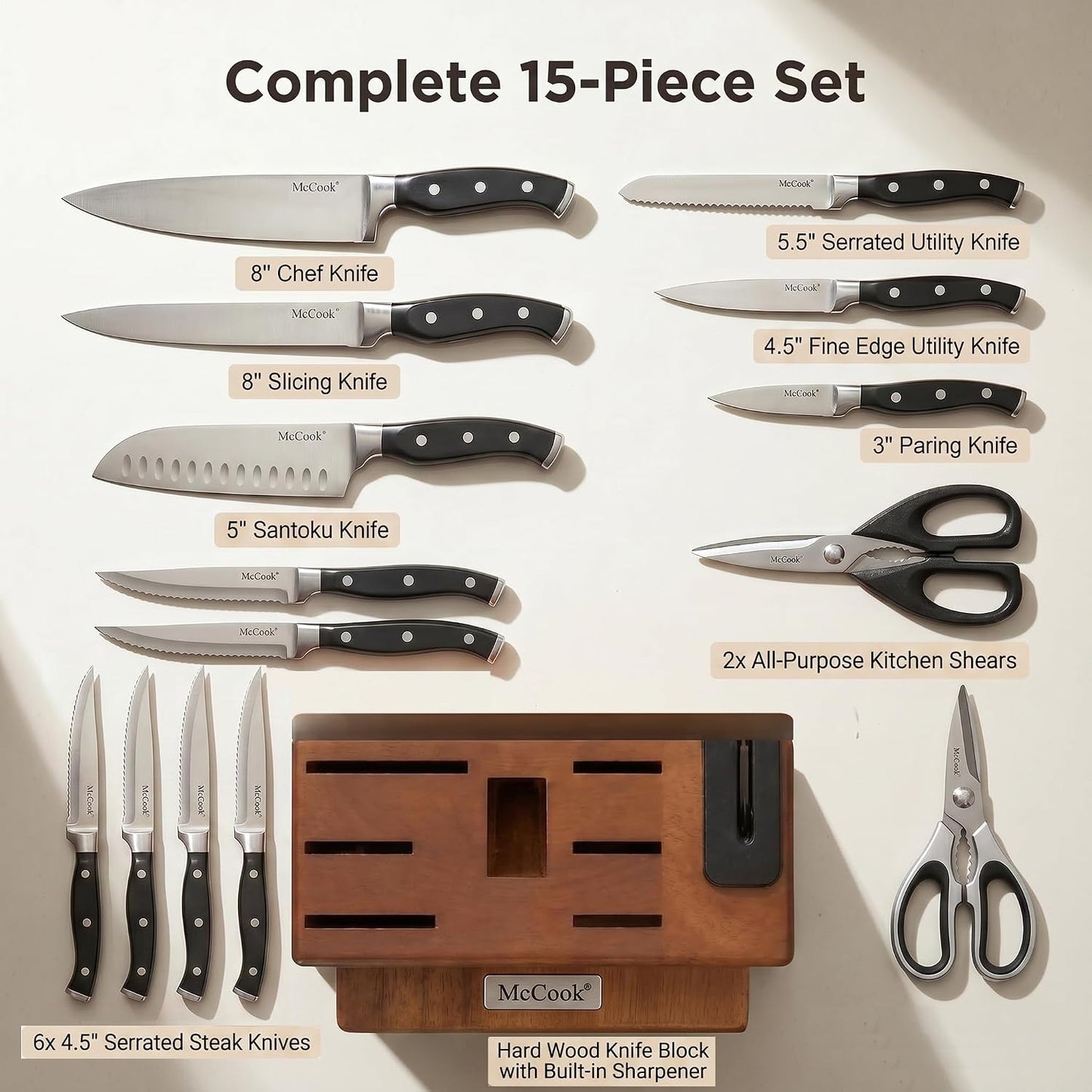 Set cuchillos acero inox con afilador y bloque madera