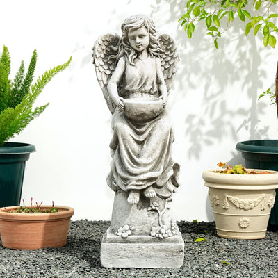 Estatua ángel con pájaro jardín 31pulg beige antiguo