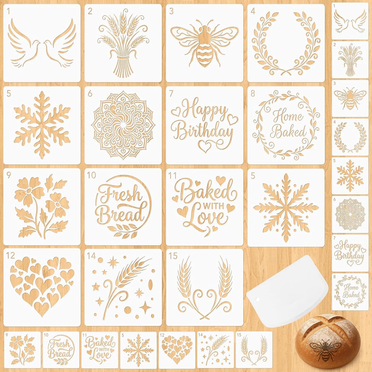 30 plantillas de pan hechas a mano con raspador de masa para masa madre y decoración de pasteles