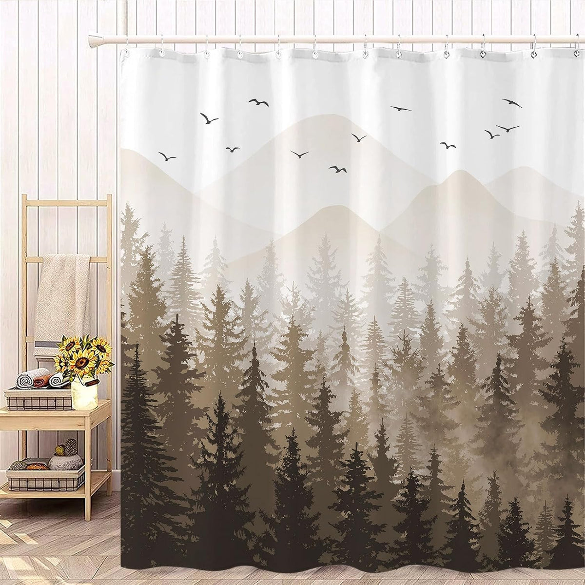 Cortina ducha marrón diseño bosque brumoso 72x72pulg