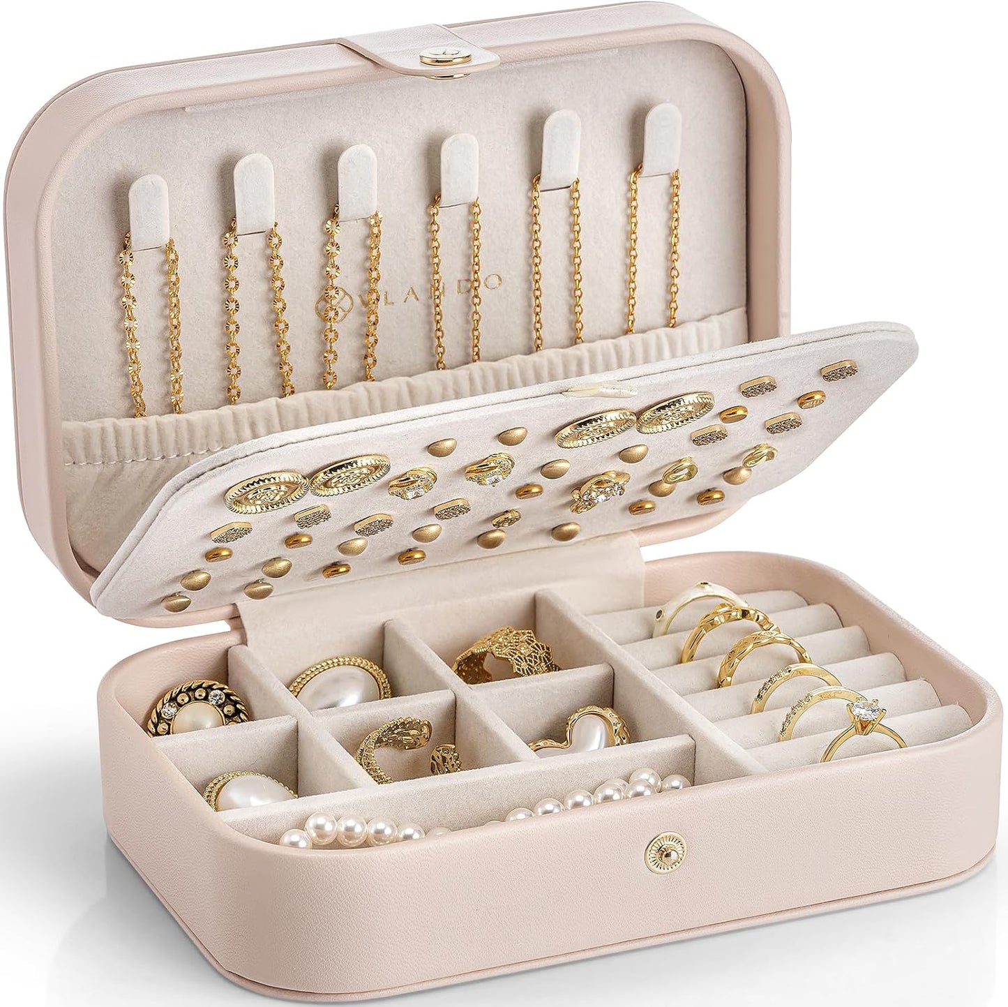 Estuche joyería viaje cuero PU con soporte aretes rosa