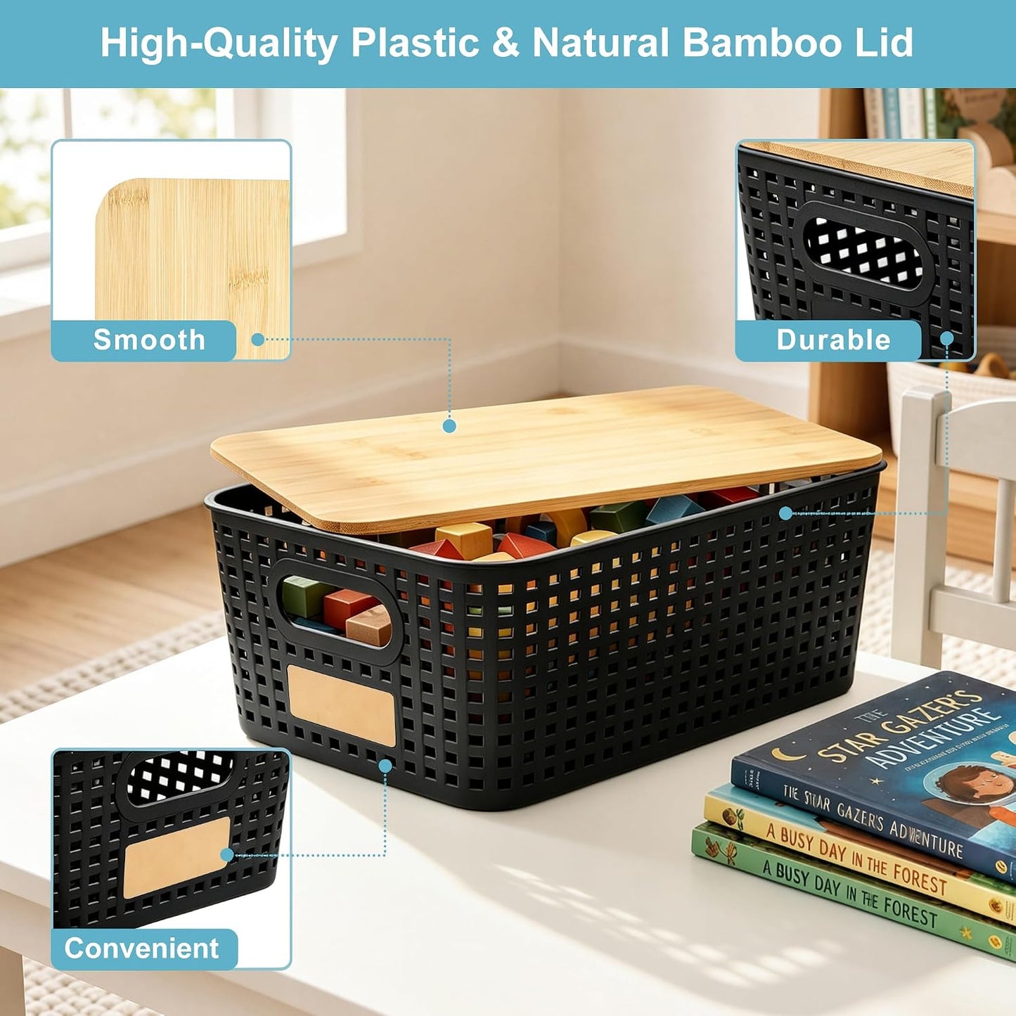 Contenedores plástico tapa bambú 5.2qt cesta apilable