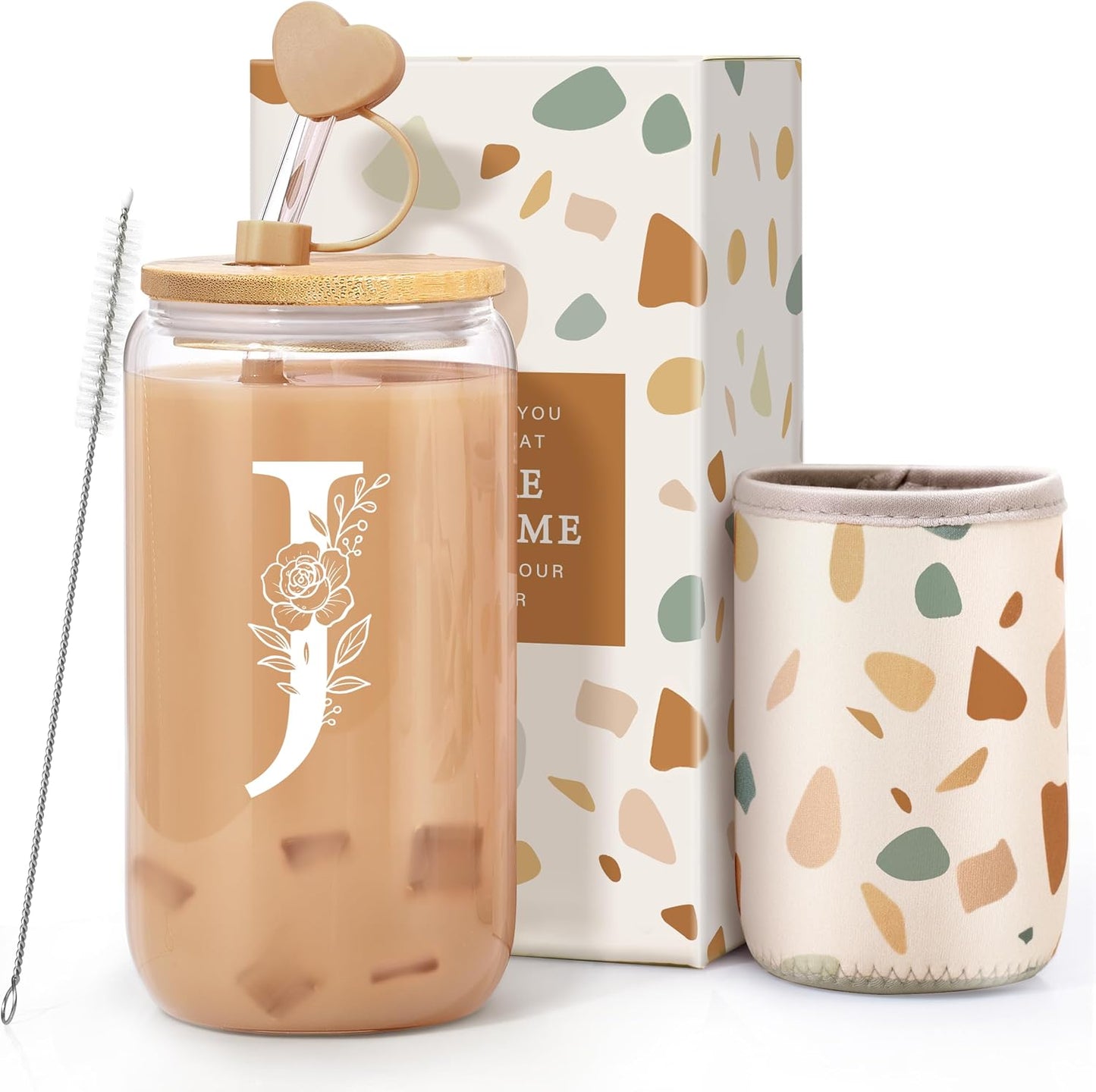 Taza vidrio personalizada con inicial 16oz tapa pajita