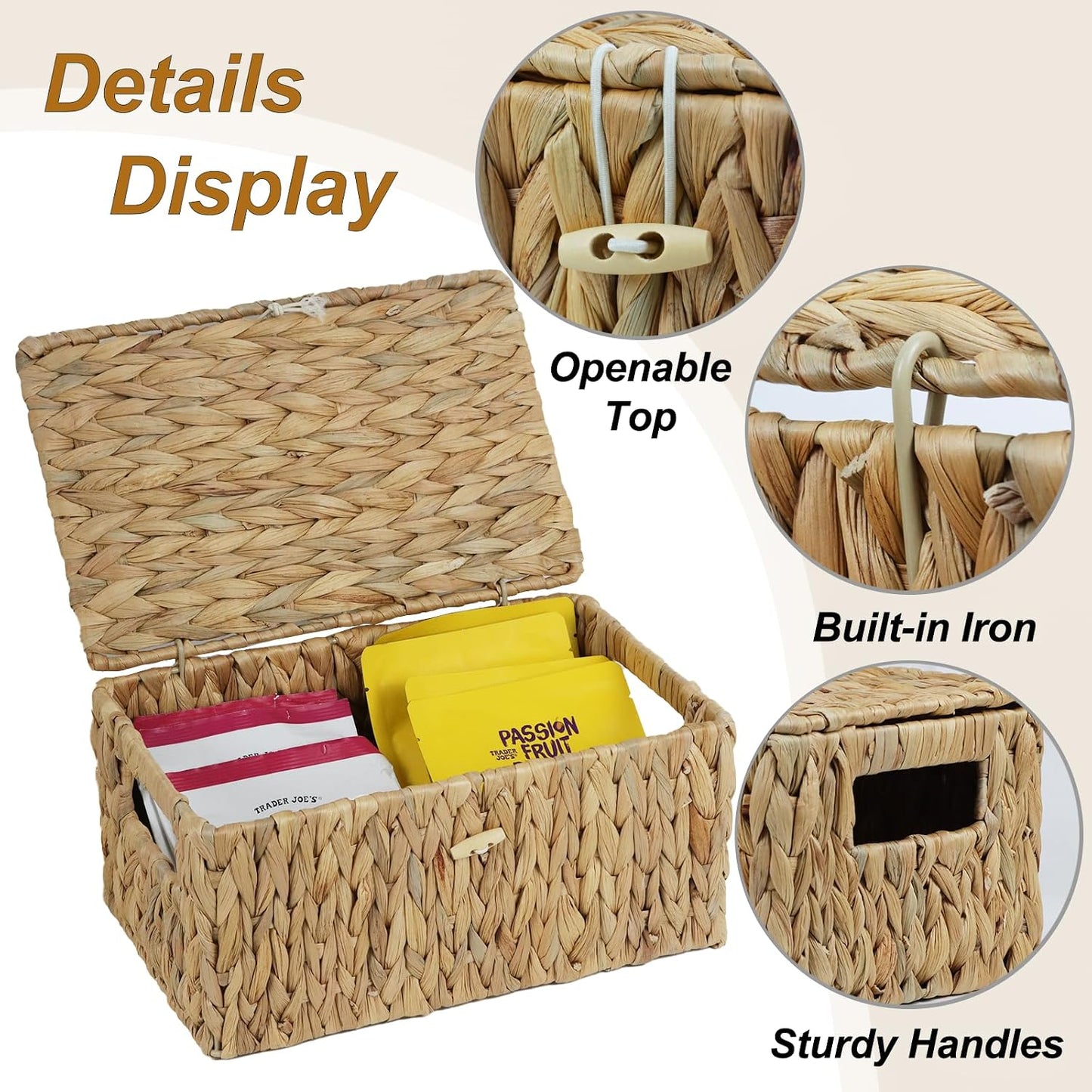 Cesta mimbre rectangular con tapa y asas para estante hogar