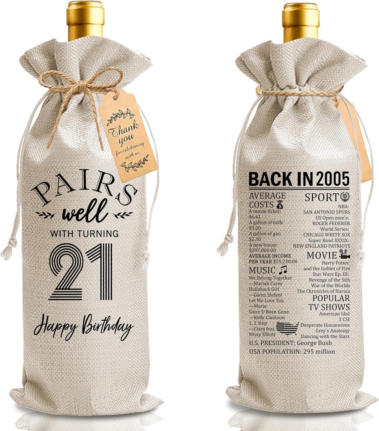 Bolsa regalo vino cumpleaños 21 con cordón y tarjeta