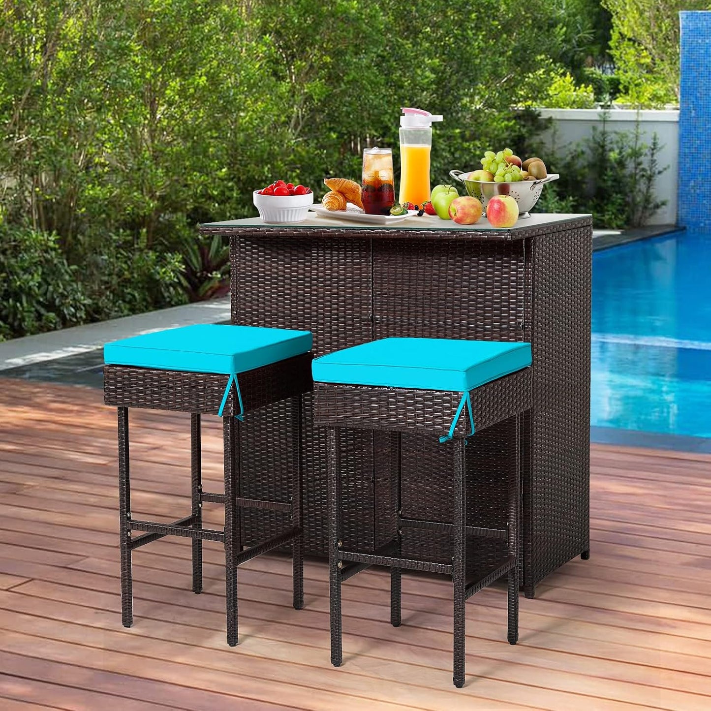 Set mesa bar ratán 3 Pzas sillas acolchadas 2 estantes