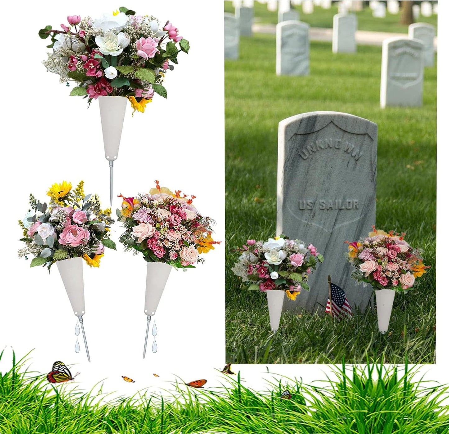 3 Macetas Cementerio Jarrón Conmemorativo 7" Blanco