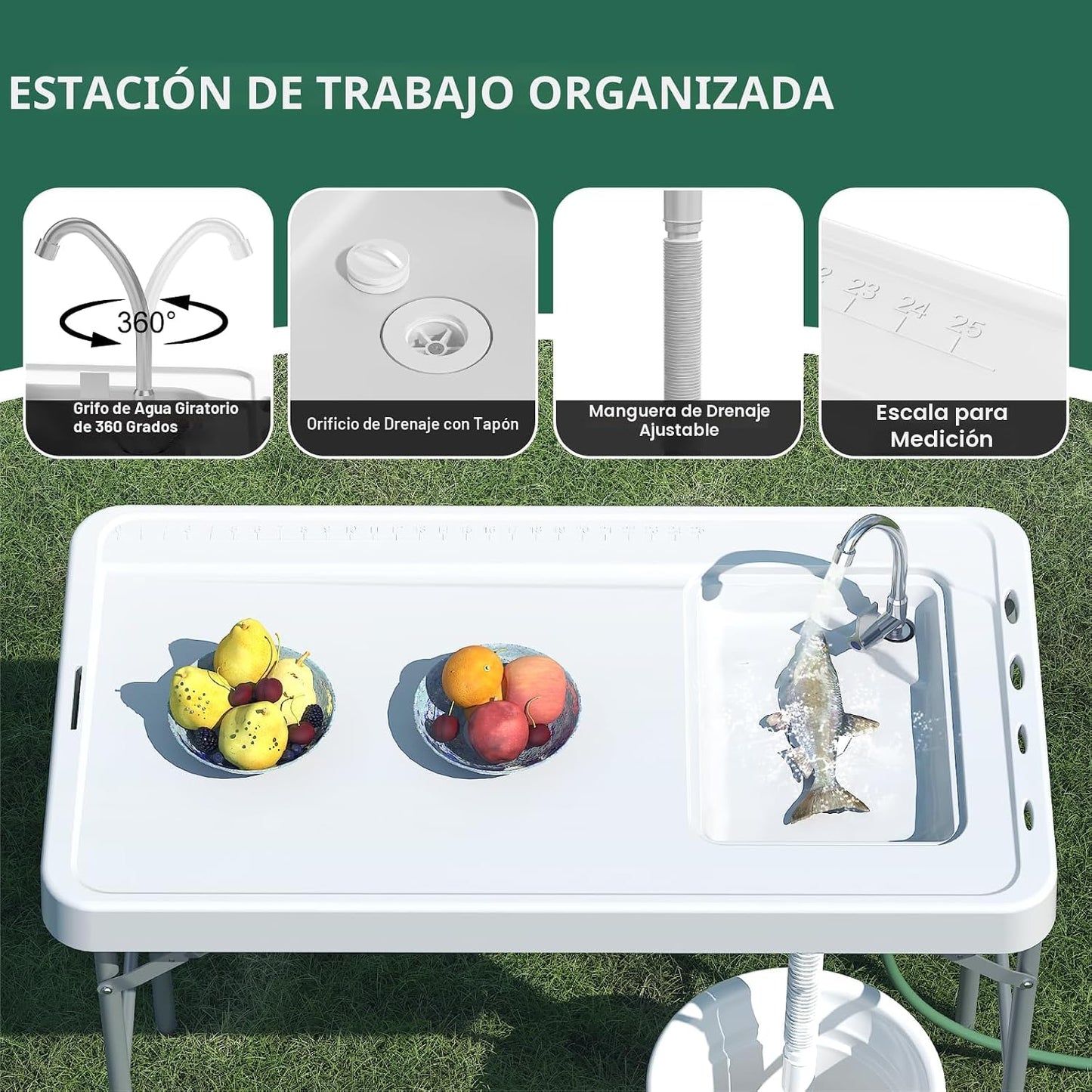 Mesa limpieza pescado 42.5pulg fregadero camping plegable