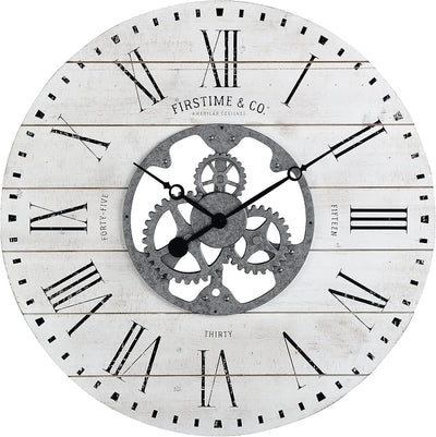 Reloj pared Shiplap Gears blanco vintage redondo madera