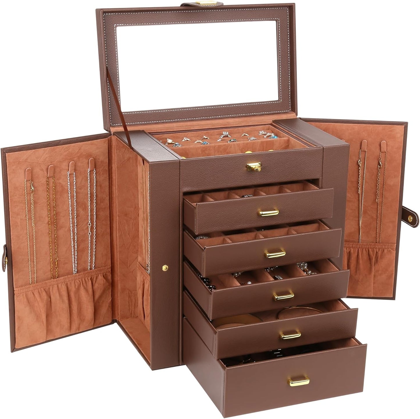 Caja joyas PU con espejo 6 niveles 5 cajones gran capacidad