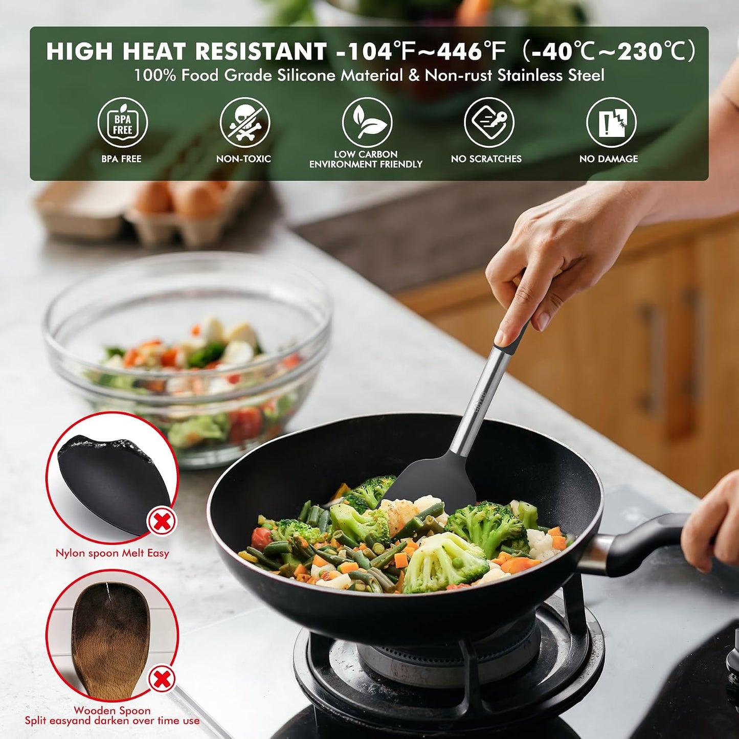 Set utensilios cocina silicona resistente 446°F inox