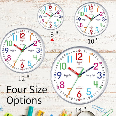 Reloj pared niños aprendizaje tiempo silencioso colorido