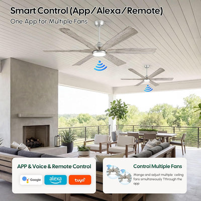 Ventilador techo 72pulg luz control remoto Alexa 6 cuchillas madera