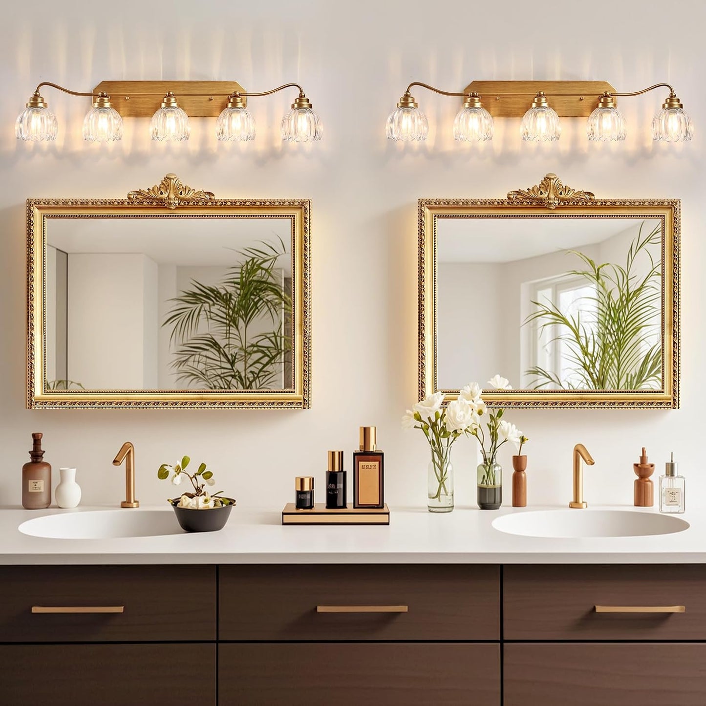 Lámpara de baño vintage 5 luces dorada acabado latón antiguo