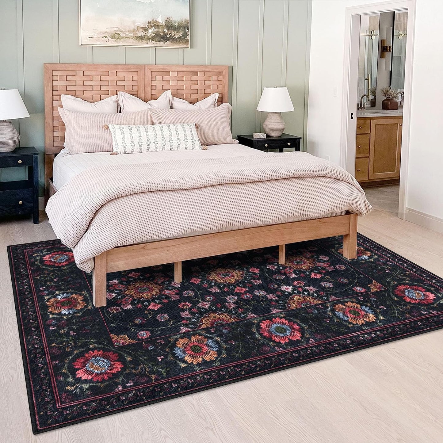 Alfombra lavable 5x7ft diseño floral negro pelo bajo