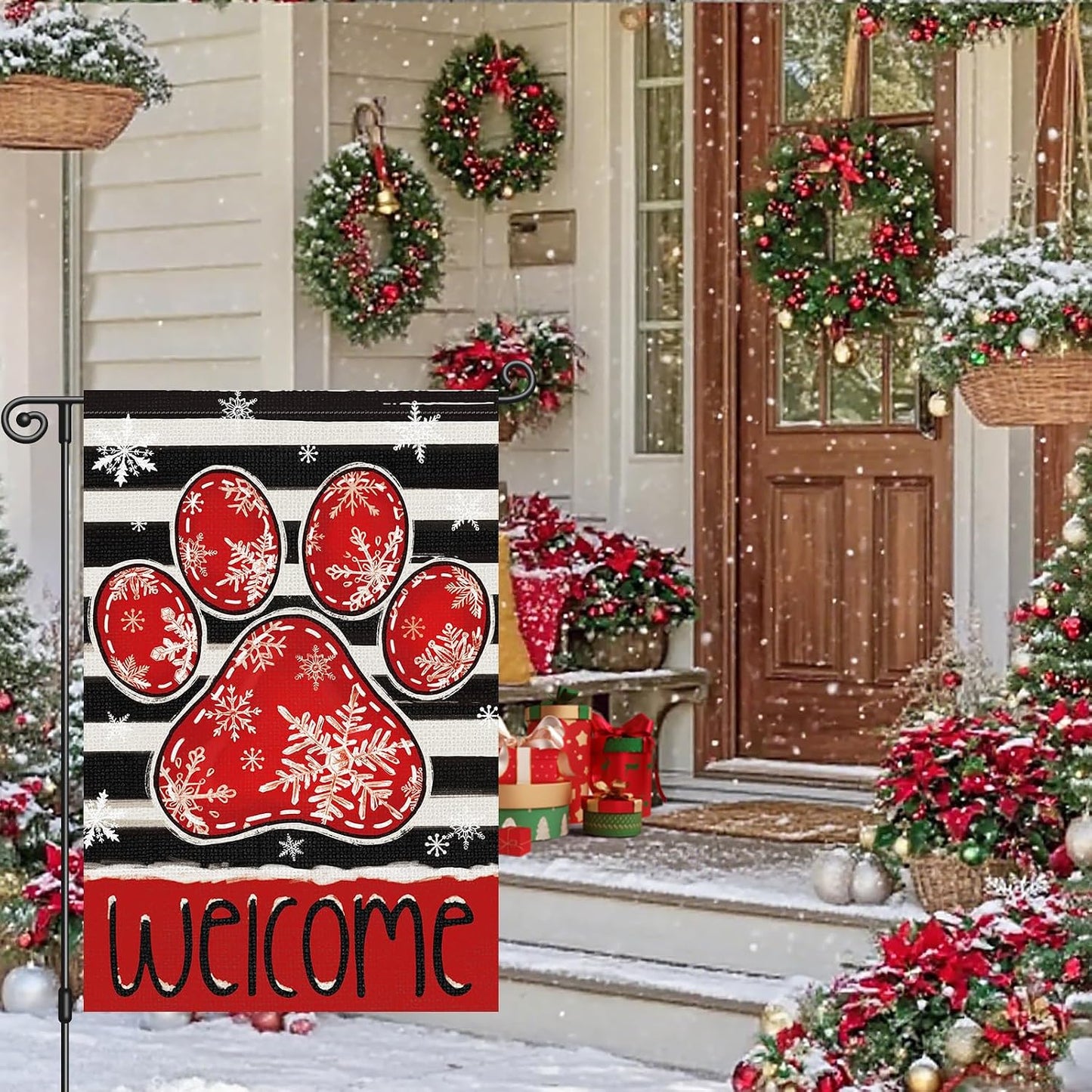 Bandera jardín invierno pata perro 12x18pulg doble cara navidad