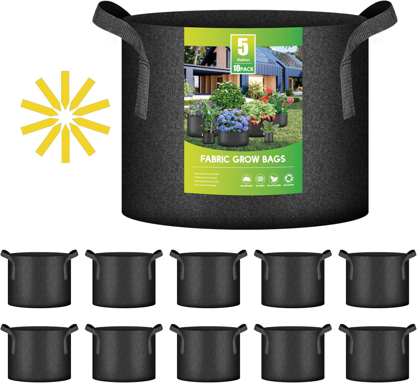 10 Pzas Bolsas Cultivo 5gal Tela No Tejida Asas Negro