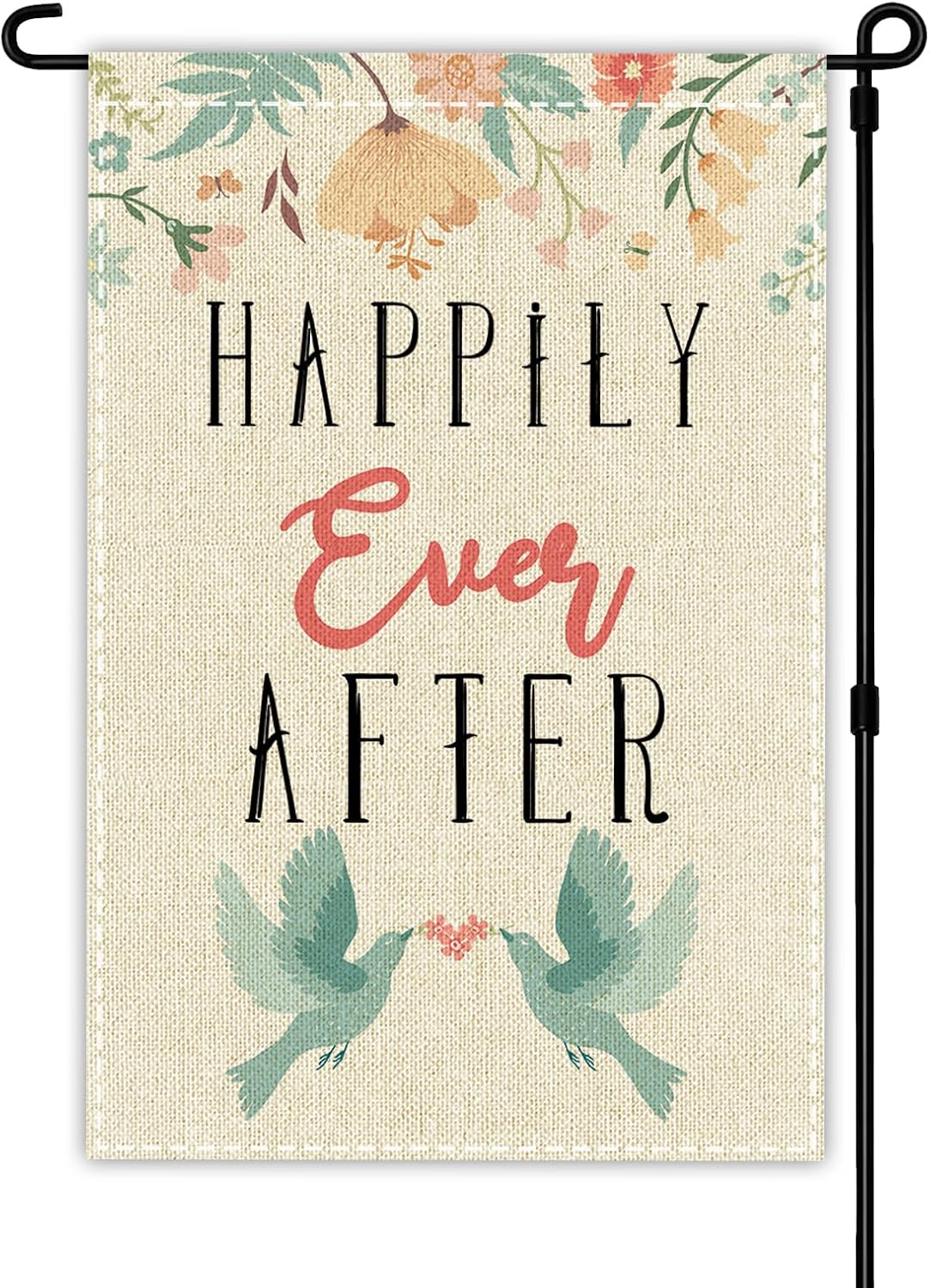 Bandera jardín doble cara 12x18pulg texto «happily ever after»