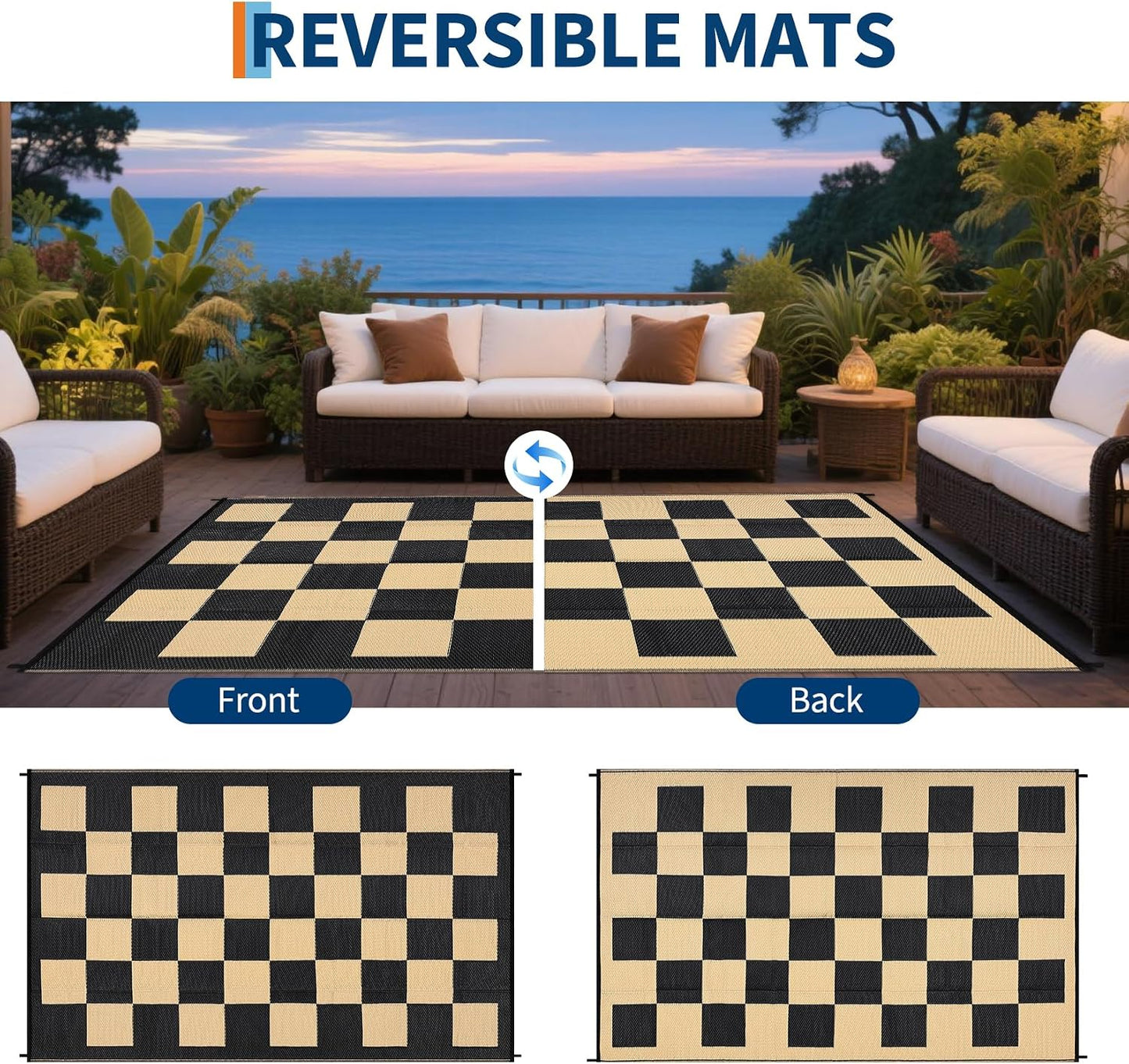 Alfombra exterior 8x10" impermeable ajedrez reversible