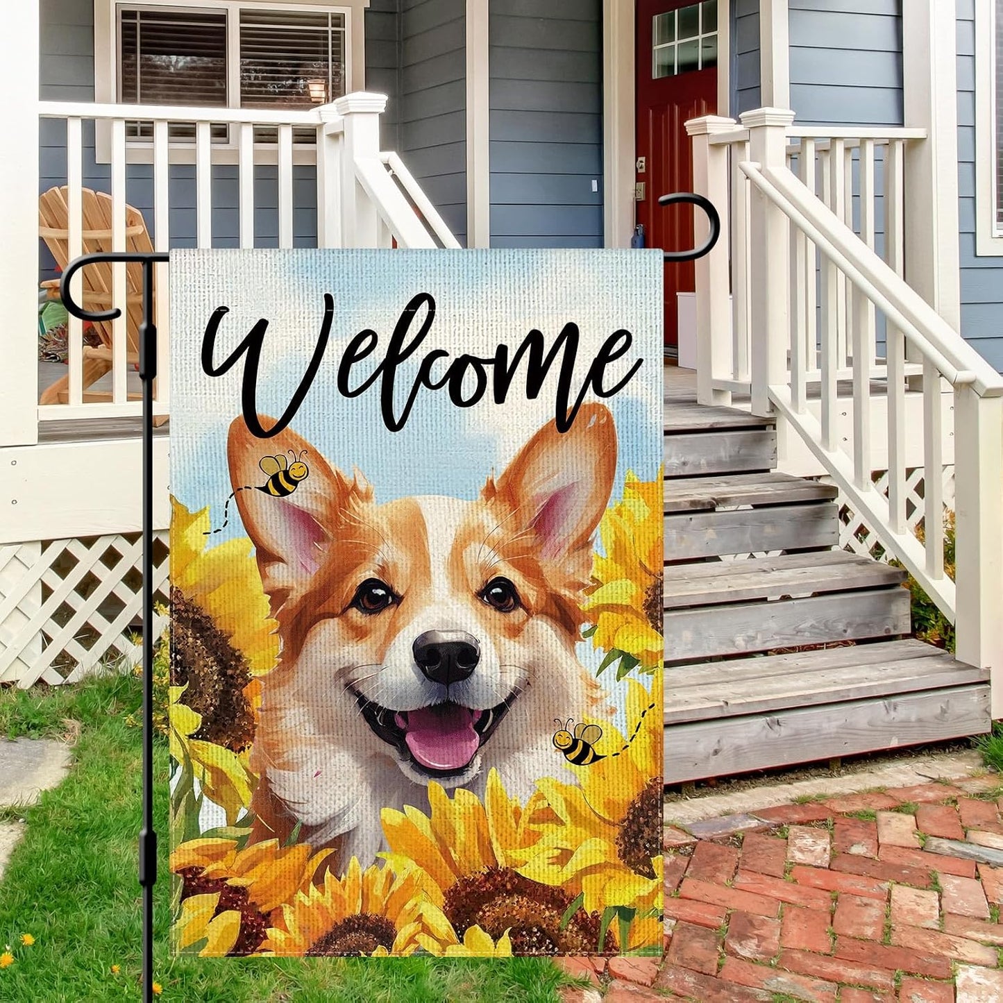 Bandera jardín doble cara 12x18pulg corgi y girasol