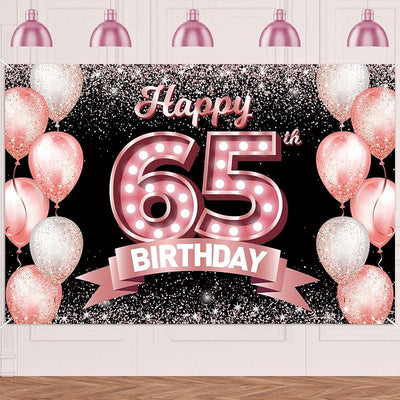 Bandera cumpleaños 65 años color oro rosa decoración