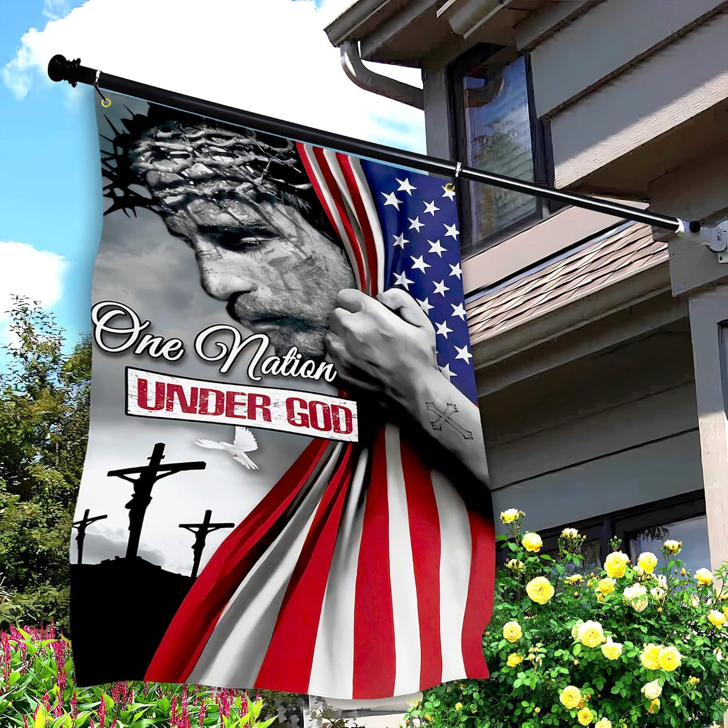 Bandera de Dios con Jesucristo para interior y exterior