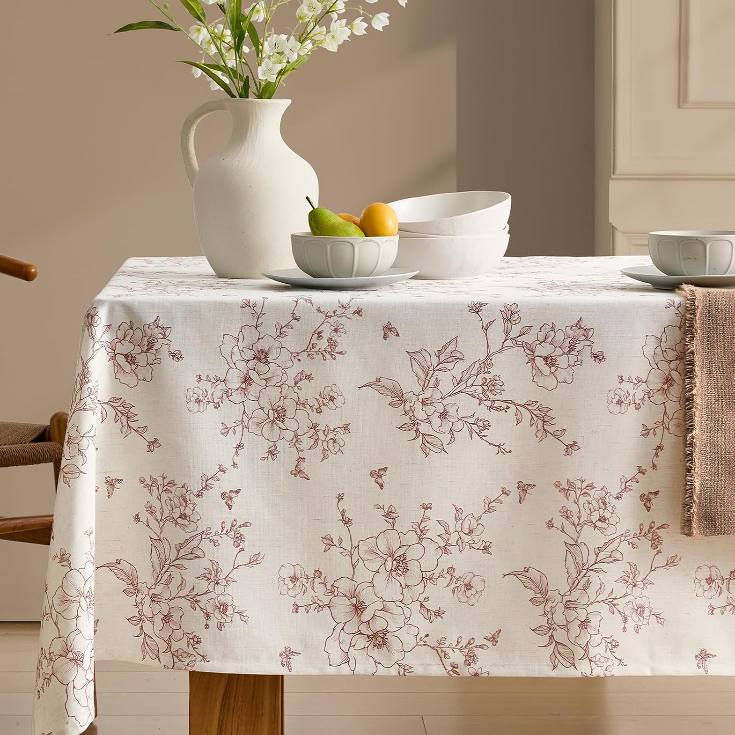 Mantel lino floral textura arpillera estilo granja