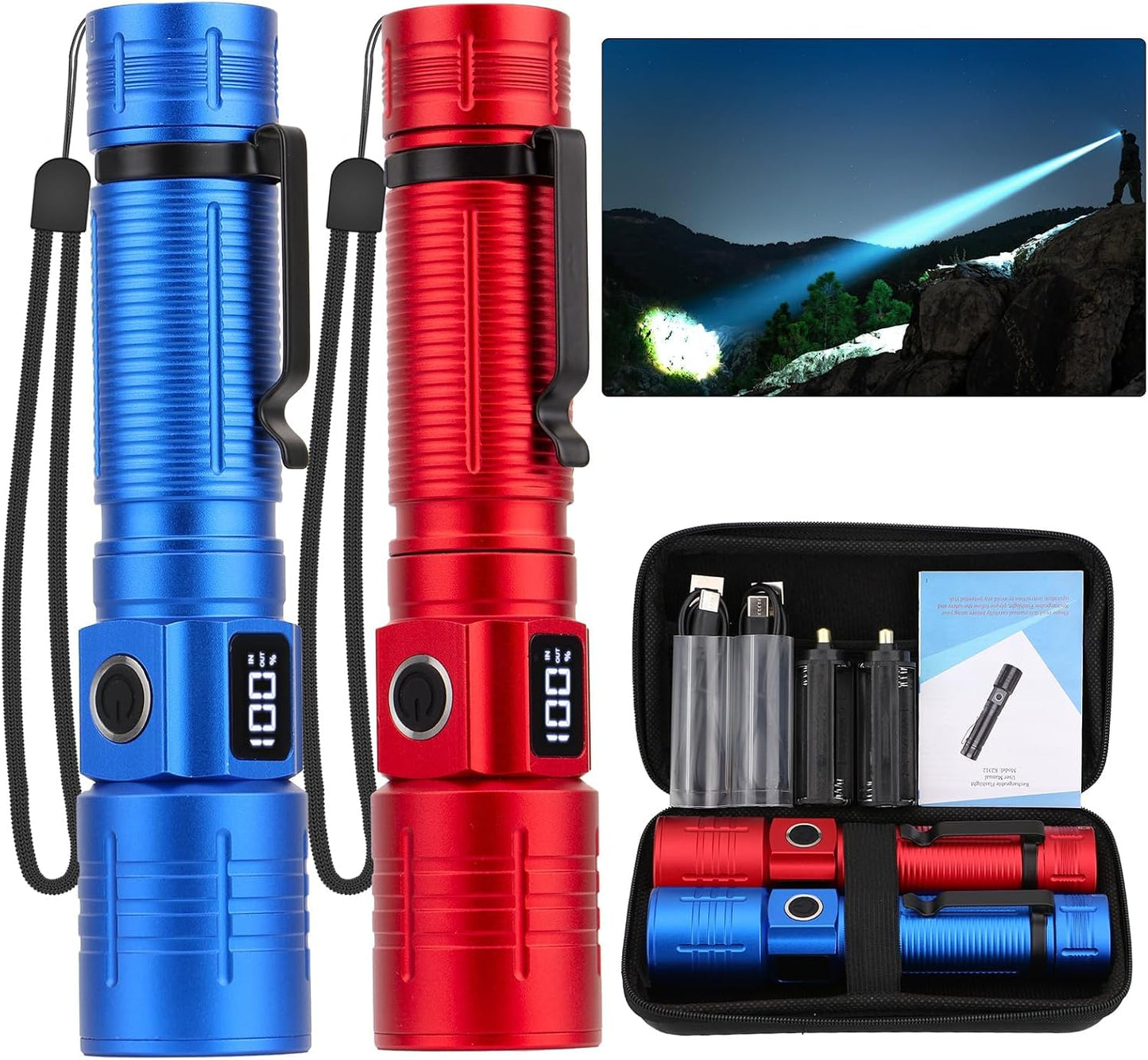Linterna LED táctica recargable 6 modos impermeable rojo azul