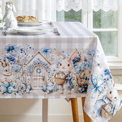 Mantel de Pascua a cuadros de búfalo con diseño de conejo y flores azules, lavable, 54 x 54 pulgadas