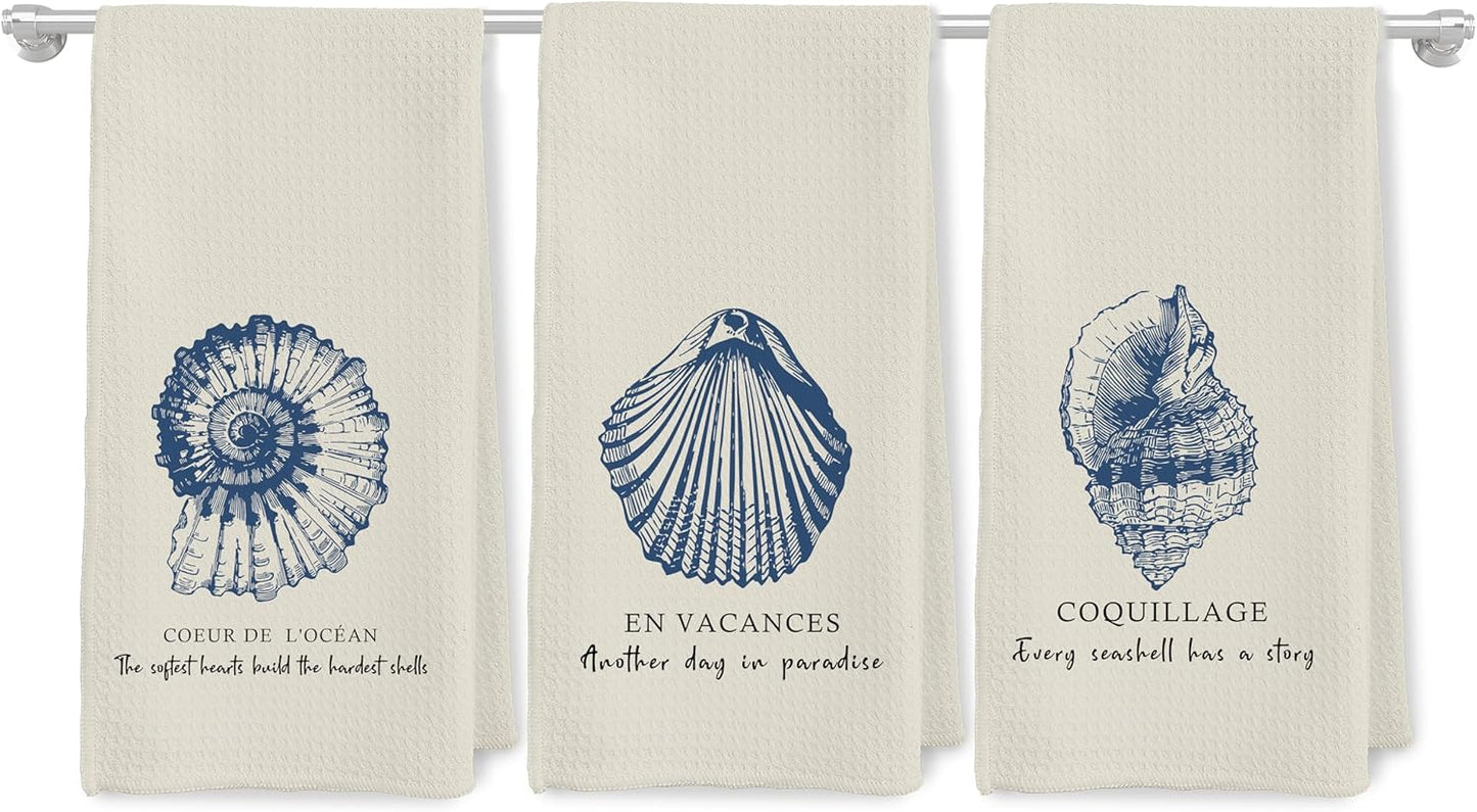 Set 3 Toallas Cocina Náuticas Con Conchas Azules