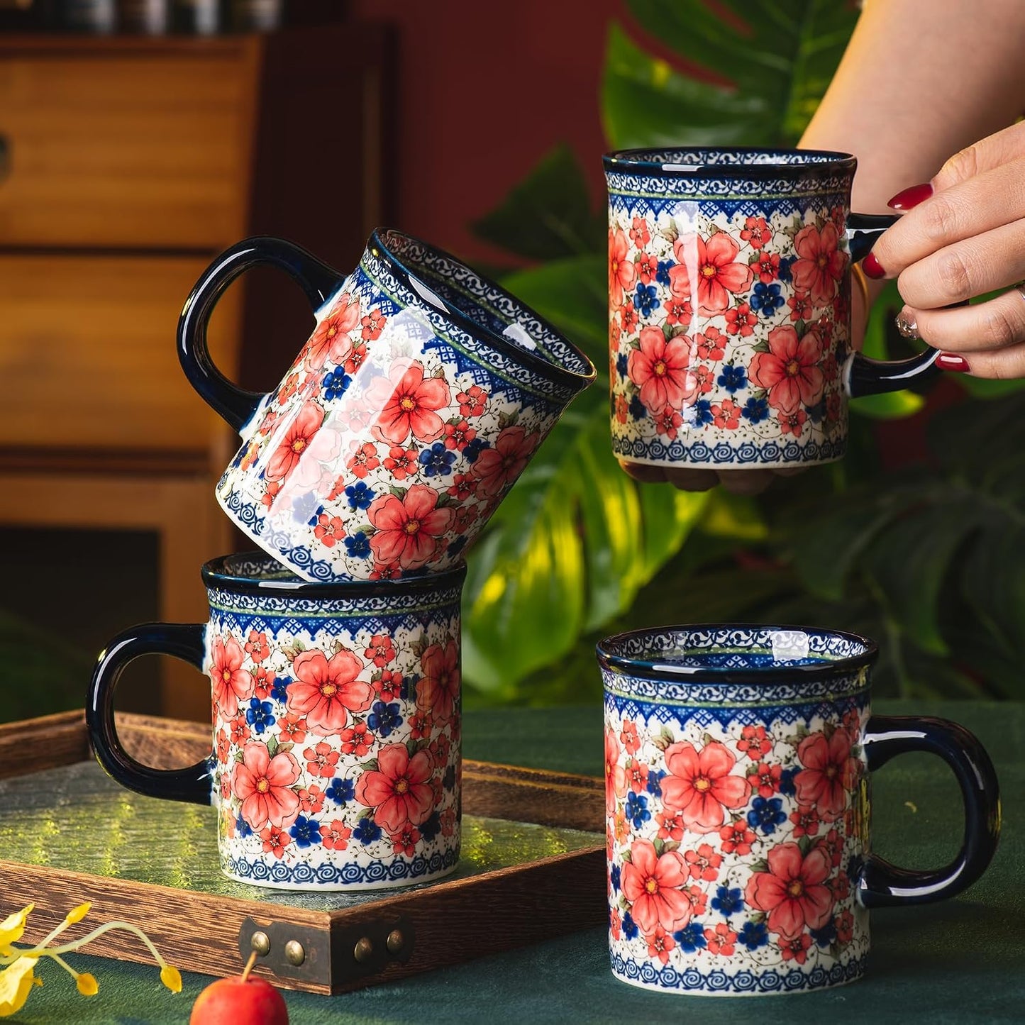 Set 4 Tazas Cerámica Pintadas 15.5oz Asa Té/Léche/Cacao
