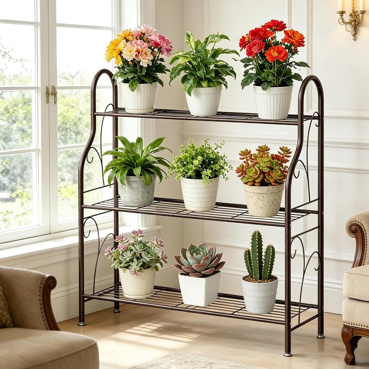 Soporte plantas 3 niveles metal para esquinas bronce