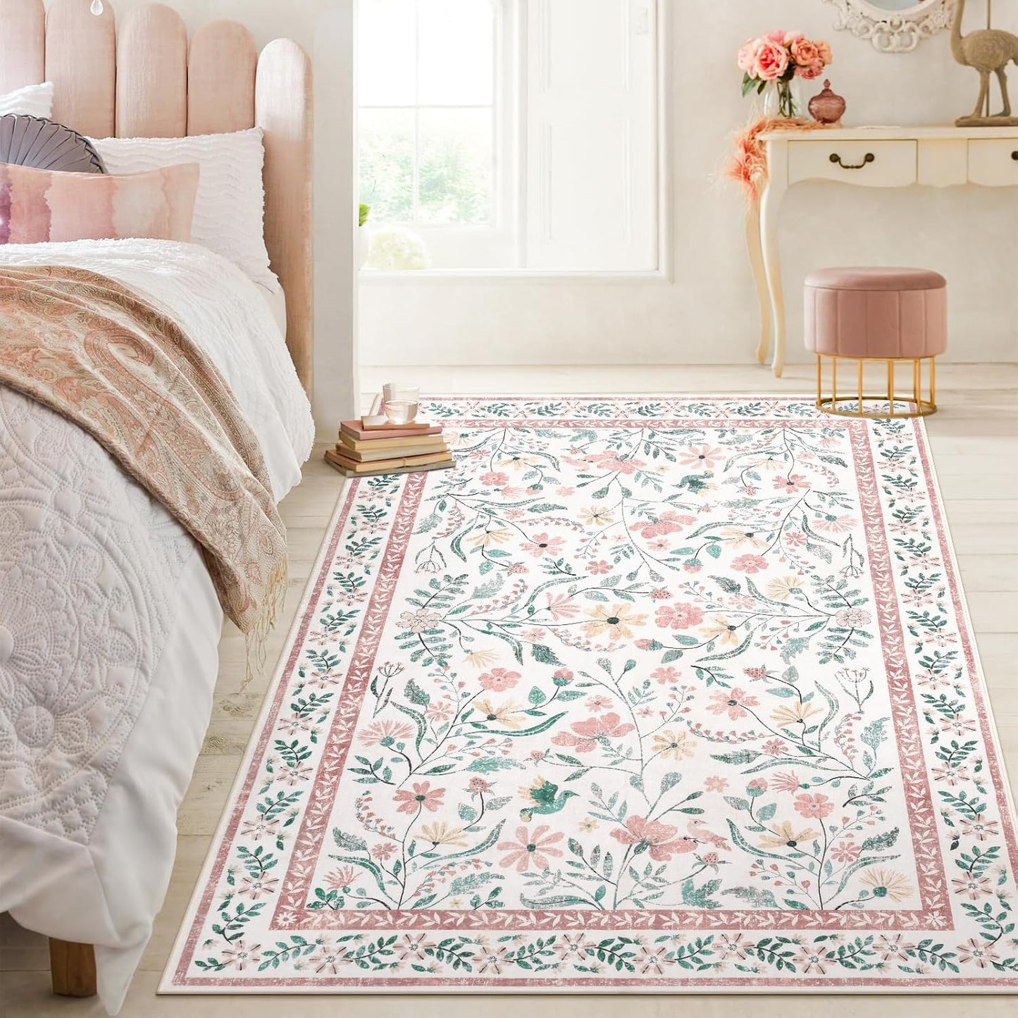 Alfombra bohemia 4x6ft sala dormitorio antiderrap suave rosa