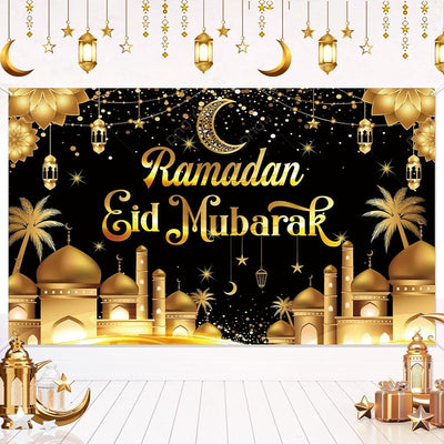 Pancarta Ramadán Eid Mubarak decoración pared negro dorado