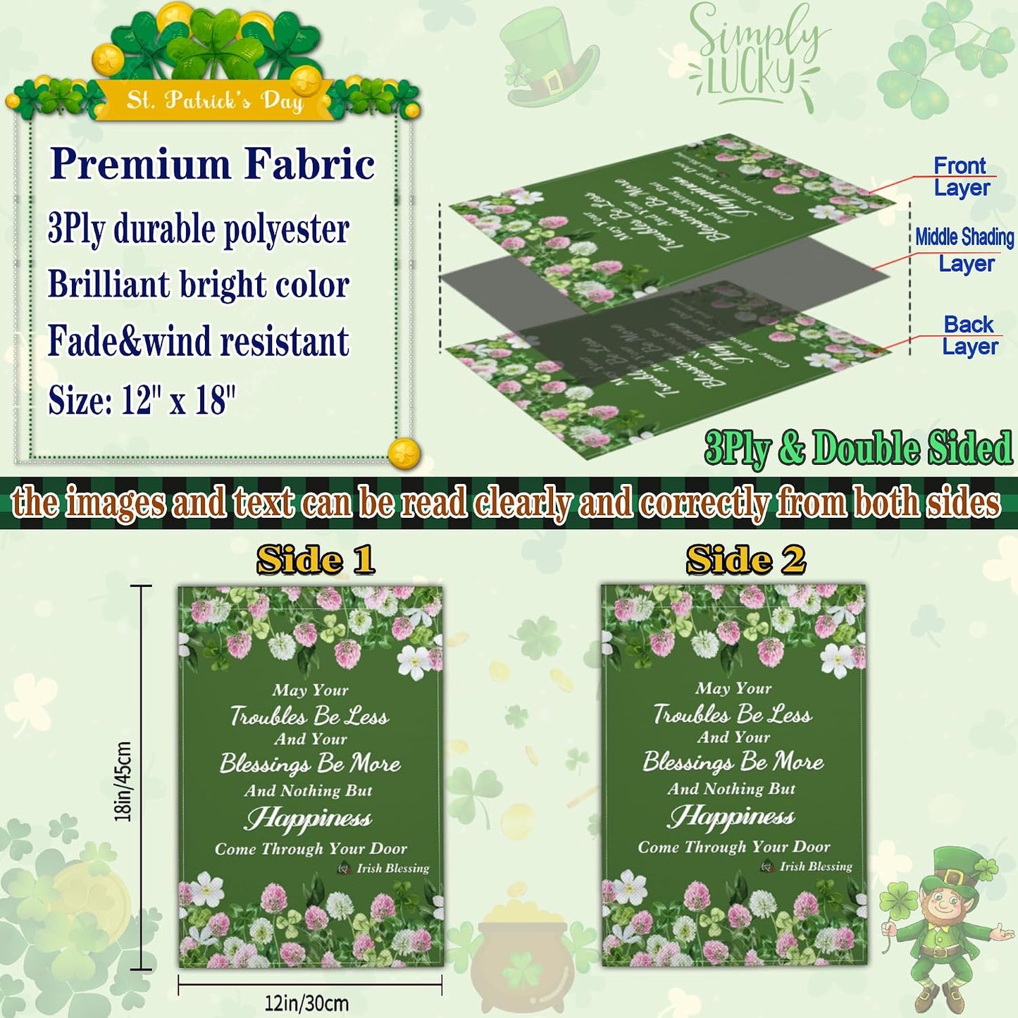 Bandera jardín San Patricio 12x18pulg doble cara trébol suerte